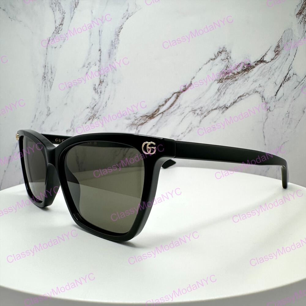 New GUCCI Sunglasses Black Acetate Square Gold Metal Interlocking GG Logo Womens